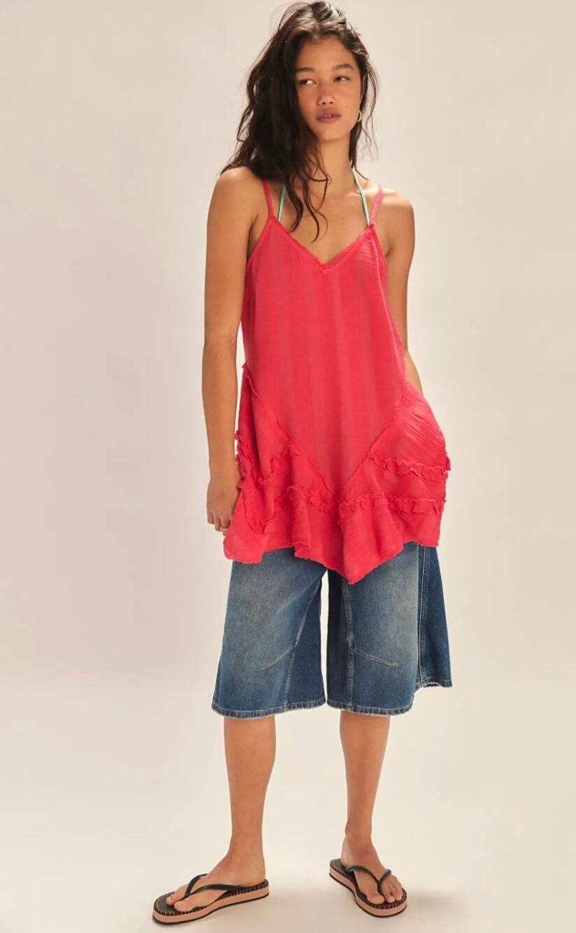Free People Blouse Small Tyla Tunic Ruffle Trapeze Swing Red Boho Sundress